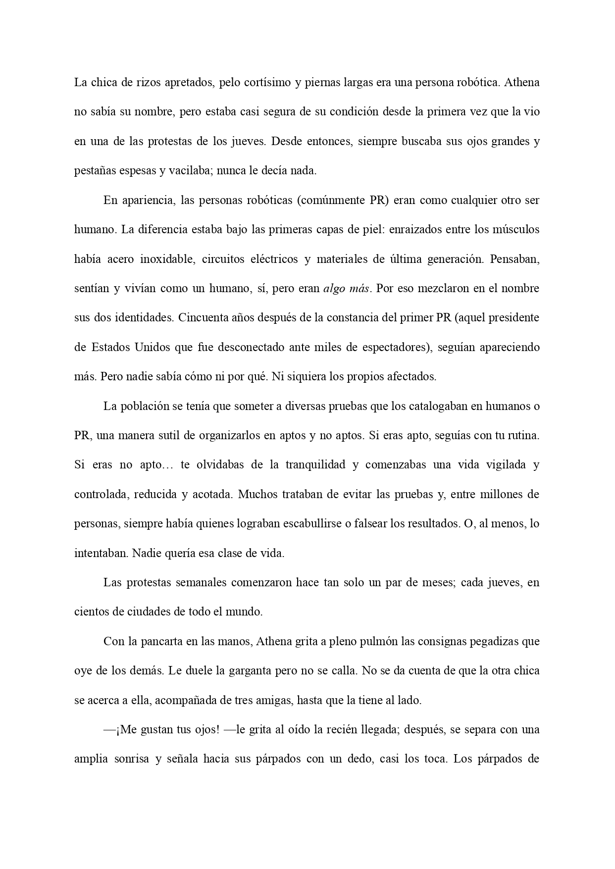 Relato «Personas robóticas y jueves celestiales» maquetado para presentar a concurso